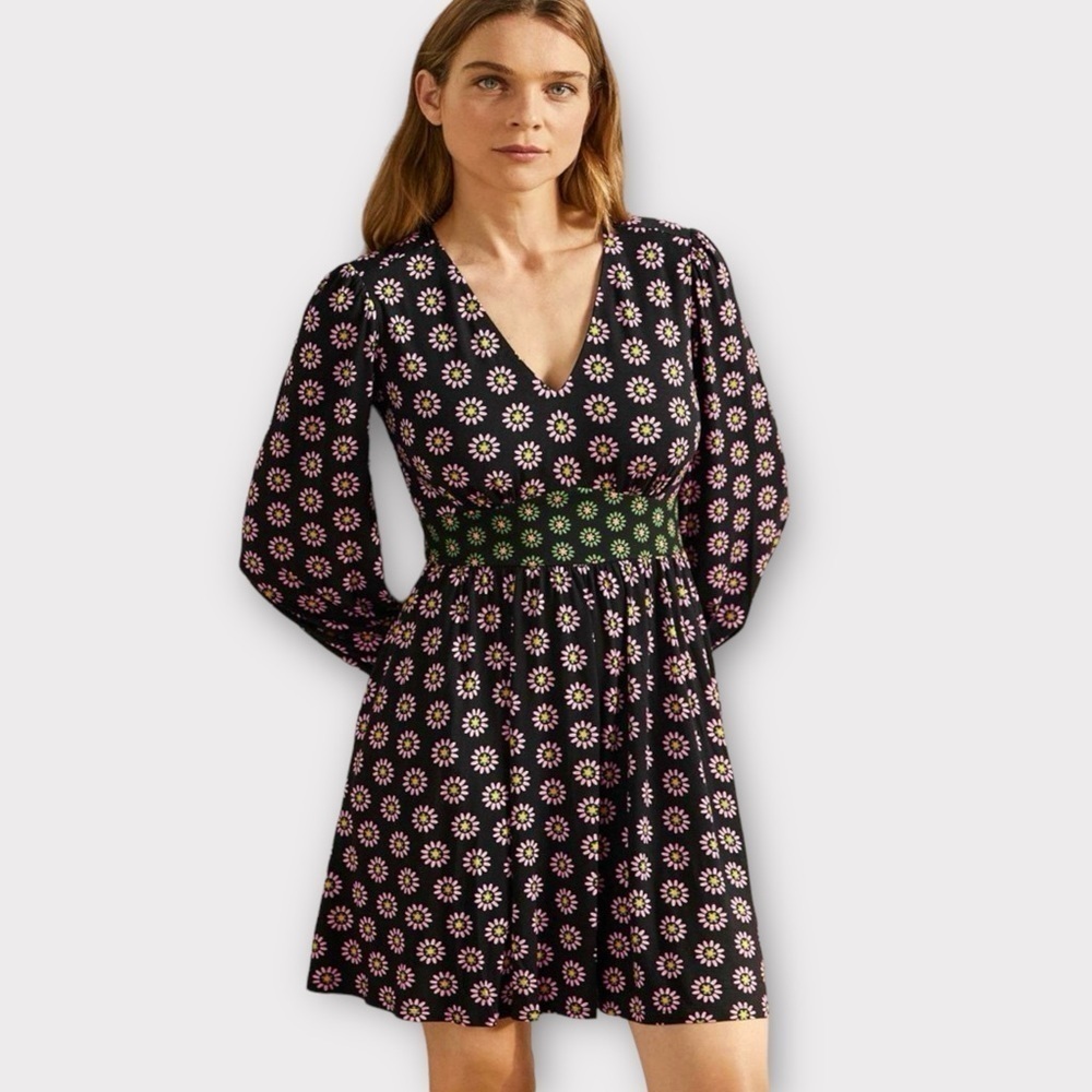 Boden Jersey Mini Tea Dress Contrast Floral‎ Print Black Long NWT